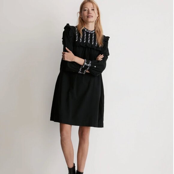 Embroidered-Bib Ruffle Mini Dress - Picture 1 of 12